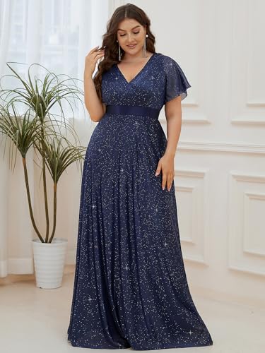Image of Ever-Pretty Plus Women's Glitter Formal Dress Evening Gown for Gala V-Neck Short Sleeve Floor Length Plus Size Prom Dresses