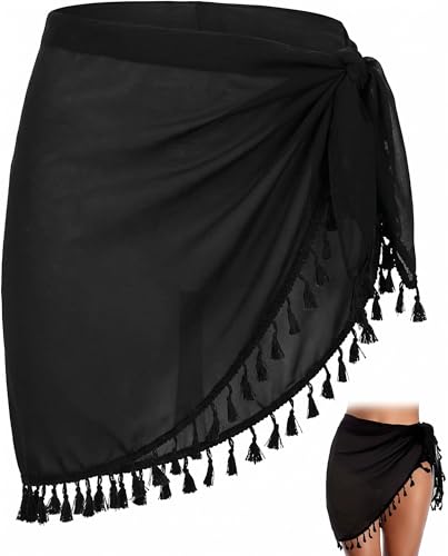 YIPFEN Pareo Femme Noir Court avec Franges, Élégant Sarong Plage Piscine & Vacances. Cache...