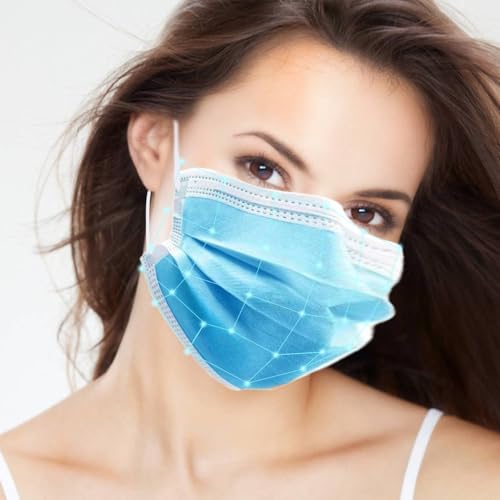 Image of 100Pcs Blue Disposable Face Mask, 3 Ply Masks with Soft Elastic Ear loops