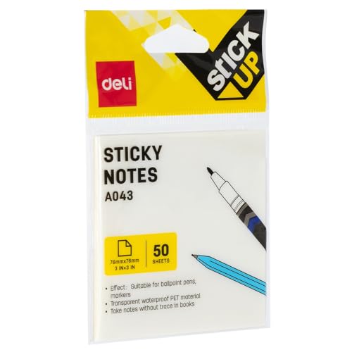 Image of Deli EA043 Clear Sticky Notes |3 inch X 3 inch Size & 900 Waterproof Sheets (White,Pack of 5)
