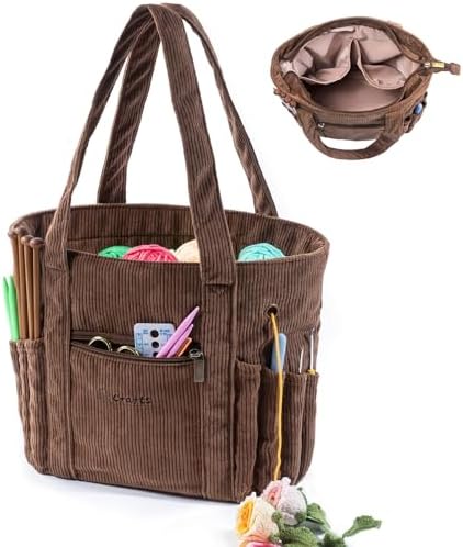 MYBAGZING Crochet Bag and Tote - Corduroy Yarn Bag - Yarn Holder for Crocheting - Crochet Storage Bag for Crochet Hooks, Crochet Accessories, Knitting Bag for Crochet Lovers, Mother