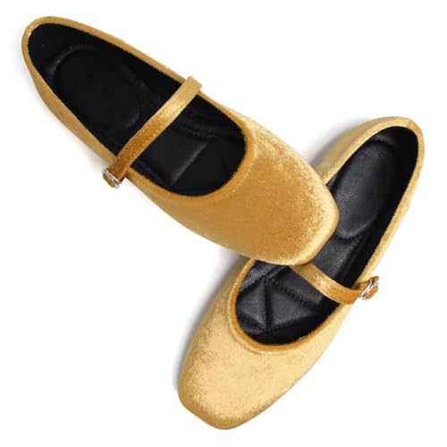 Stunner Velvet Flats for Women Women's Mary Jane Shoes Retro Square Toe Ballet Flats Comfortable Buckle Strap Flat Shoes Gold 42(9.5) 23