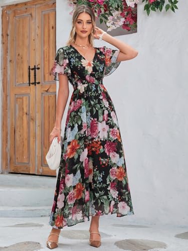Image of Simplee Women's Boho Floral Maxi Dress Flowy Casual V Neck Short Sleeve Wedding Guest Holiday Beach Long Dress