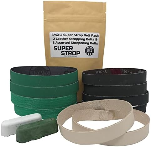 Pro Sharpening Supply 3/4X12 Super Strop Belt Pack 2 Leather Honing Belts & Assortment of Fits Ken Onion Work Sharp with White and Green polishing compounds (8 Assortment)