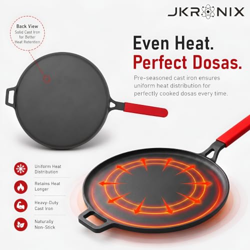 Image of Pre-Seasoned Cast Iron Dosa Tawa with Long Handle & Silicone Grip, 28 cm, Naturally Non-Stick Cookware for Roti, Chapati, Chilla & Uttapam, Heavy Duty Griddle, Gas Stove & Induction Compatible