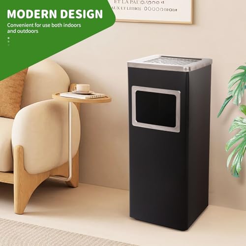 Image of Square Stainless Steel Trash Can With Lid - Outdoor, Removable Inner Bucket for Coffee Shop, Hotel, Corporate Use - Black, 9.45'' x 9.45'' x 24''