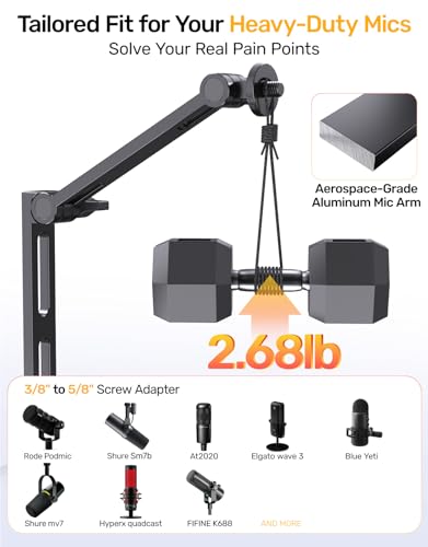 Image of Desktop Mic Arm Stand 2.68lbs Max Heavy Duty Microphone Mount with Silent Mute Knob Compatible with Rode PodMic Shure SM7B for Podcast Gaming Streaming Office Desk Setup Boom Arm