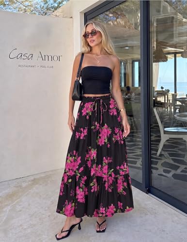 Image of ZESICA Women's 2026 Summer Bohemian Floral Printed Elastic Waist A Line Maxi Skirt with Pockets