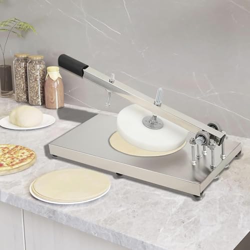 【Angolo del braccio regolabile】: La pressa per pizza è dotata di una vite regolabile che consente di posizionare la piastra sotto la pressa in base allo spessore desiderato. Lo spessore della torta può essere regolato utilizzando la vite al centro della piastra.