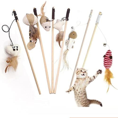 Image of PETS EMPIRE Wooden Cat Wand, Interactive Feather Toy, Wood Teaser Wands, Pet Fishing Rod with Feathers, Fun Catcher Cats Stick Toy, Kitty Activity Teaser for Cats, Kitten -1N (Color May Vary)