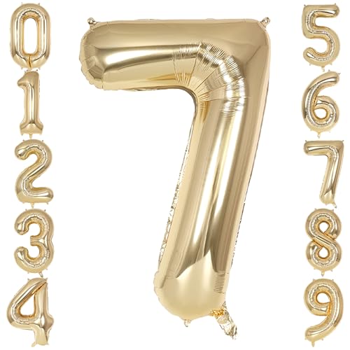 Image of Champagne Gold Large Number 7 Balloon, 40 Inch Light Gold Foil Helium Number Balloons, Giant Mylar Number 7 Balloons for 7 Years Old Birthday Party Anniversary Decorations