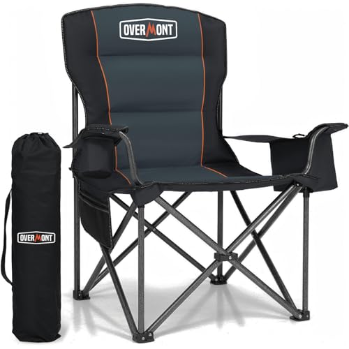 OVERMONT Silla de Camping Plegable - Grande Silla de Pesca Portátil con Reposabrazos Portabebidas - para Acampada Jardín Playa Pesca - hasta 180 kg