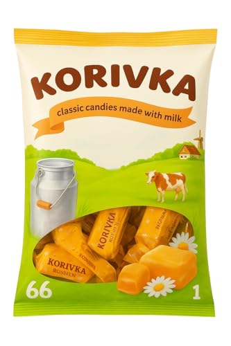 Roshen Korivka Milk Fudge Candy, 2.2 Lb (1kg), Approx. 68 Pieces, Ukrainian Non-Glazed Dairy Fudge with Sugary Crust & Creamy Liquid Filling, Individually Wrapped