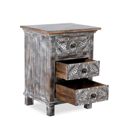 Image of Wooden Bedside Table for Bedroom | Solid Wood Seri Bedside Table with Drawers | Corner Side Table for Living Room | Traditional Handcrafted Furniture for Home Decor (Dark Grey Distress)