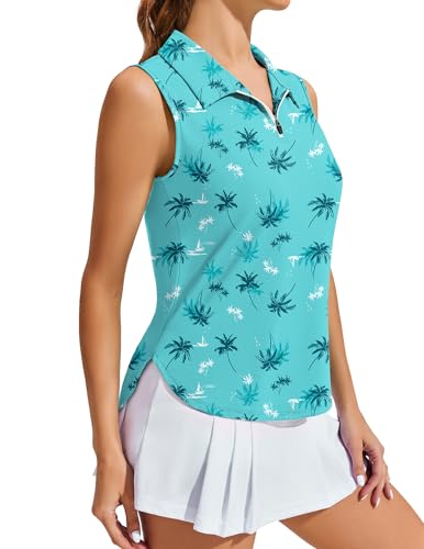 Image of PINSPARK Women Golf Shirts Sleeveless UPF 50+ Tennis Polo V-Neck Quick Dry Athletic T Shirt 1 /4 Zip Collar Workout Tank Top