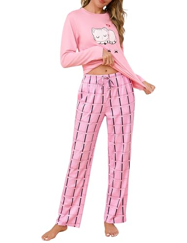 Demegimi Ensemble de Pyjama Femme Hiver Chaud Manches Longues Haut Col Rond avec Motif Chat et Pantalon Long Imprimé Pyjama Femme Coton Toucher Doux...