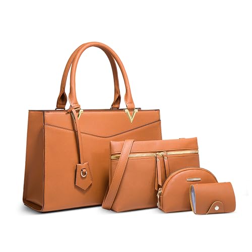Antifurto Borsa a Mano Donna Moda Set 4 Pezzi a tracolla Elegante Design Manico Superiore Semplice per Vacanze Lavoro Viaggio Festa Impermeabile PU Pelle Arancione