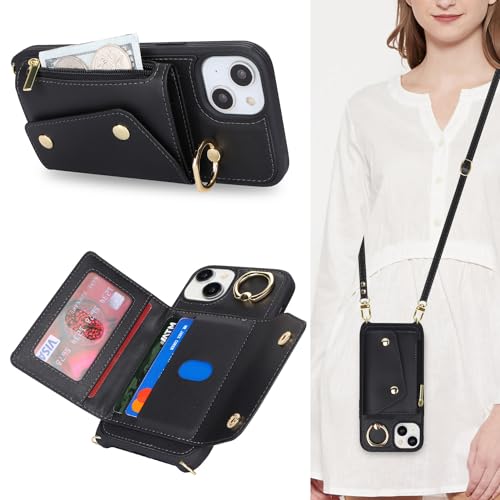 Lipvina Schutzhülle für iPhone 15, mit Kartenfach und Riemen,...