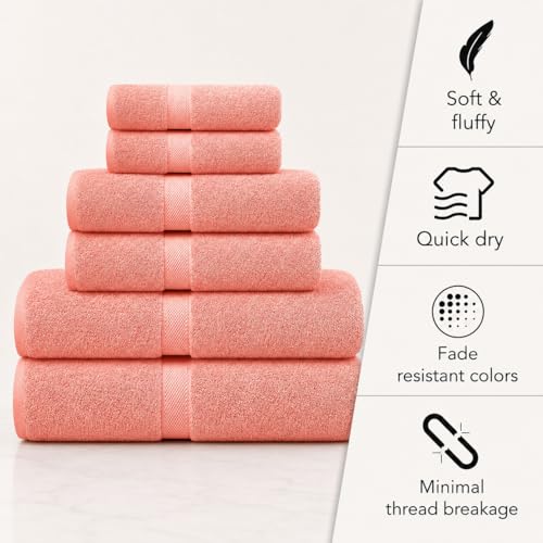 Image of Sulfar 100% Combed Cotton, 6 Pcs Towel Set - 2 Bath Towels (70 x 140 cm), 2 Hand Towels (40 x 70 cm) and 2 Face (30 x 30 cm) (600 GSM, Pack of 6) Coral Pink