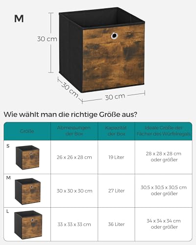 SONGMICS Aufbewahrungsbox, 6er Set, Ordnungsboxen, Oxford-Gewebe, Faltbox, 30 x 30 x 30 cm, Stoffbox, für Würfelregal, Organizer für Kleidung, vintagebraun-schwarz RFB102B01
