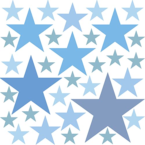 PREMYO Set of 32 Stars Wall Stickers Kids - Nursery Decor Easy to Apply - Decals for Bedrooms for Girls Boys Pastell Blue