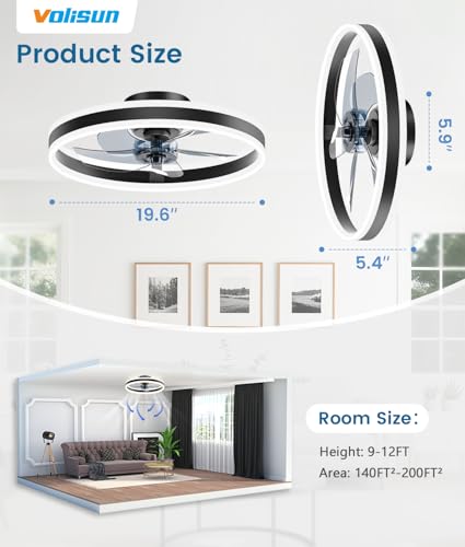 Image of VOLISUN Low Profile Ceiling Fans with Lights and Remote, 20in Flush Mount Ceiling Fans with Light, 3000K-6500K Dimmable Fandelier LED Fan Light, Black Bladeless Ceiling Fans with Lights for Bedroom
