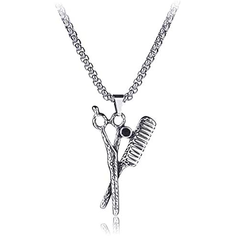Hsumonre Scissors Comb Pendant Necklace Stainless Steel with CZ Hair Stylist Dresser Crystal Charm Silver Tone Chain Women Men Cover