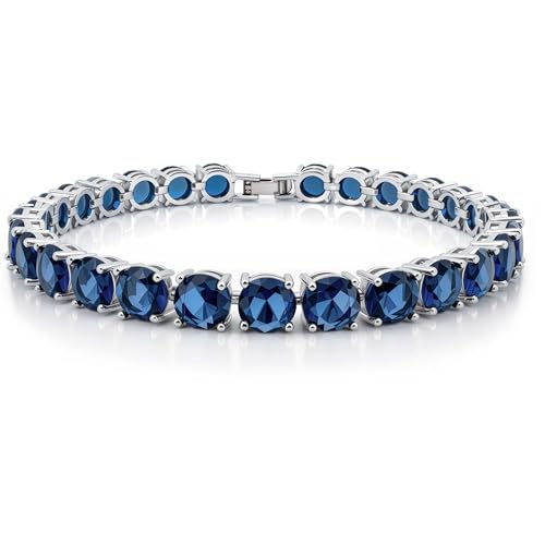 KEZEF 7mm Simulated Sapphire CZ Tennis Bracelet for Women 7 Silver-Plated Brass Blue Cubic Zirconia Fold-Over Clasp