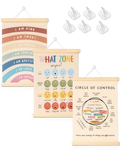 BEZONO Mental Health Posters Hanger Set (3-Pack 12x16 Inch) | Positive Affirmations & Emotion Regulation Posters Wall Art for Homeschool, Therapists, Counselors, Calming Office Decor