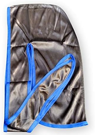 Silky Durag - (Black with Blue) - Extra Long/Wide Straps (Waveology Grooming Co.)