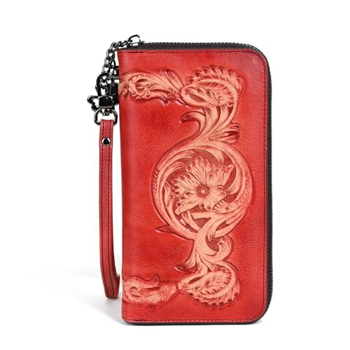 Genuine Leather Women's Wallet Flower Pattern Wristlet Long Wallet Card Holder (Red)