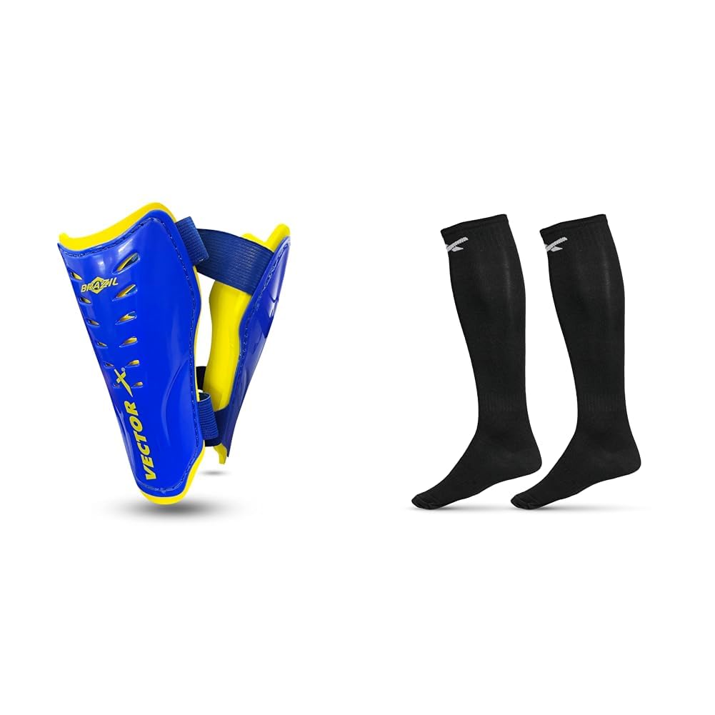 Vector X Football Shin Guard with Adjustable Velcro Strap (L, Brazil),Vector X Plain Blastic Stockings Polyester Blend, Unisex, Knee Length, Pack of 1 Pair Color - Black-image-33