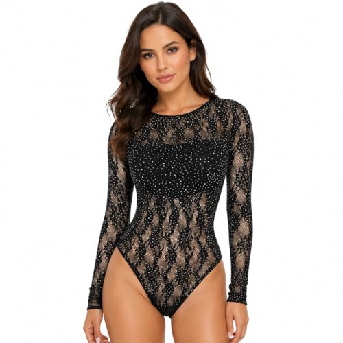 Womens Sheer Lace Rhinestone Bodysuit Long Sleeve Mesh Teddy Lingerie One Piece Stretch Bodywear Black Medium
