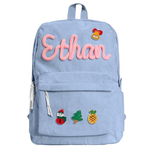 Personalized Backpack with Name, Custom Corduroy Backpack with DIY Cotton Rope Patterns Birthday Gift (Blue)