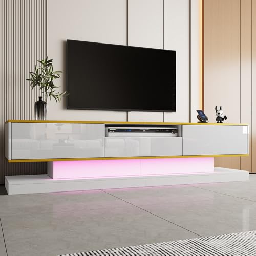 Meuble TV Moderne 180 * 38 * 45 cm, avec Trois tiroirs et Un Compartiment Ouvert, Brillant, avec éclairage LED à Changement de Couleur (White)