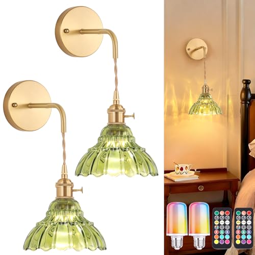 Image of Shenmoyl Vintage Battery Operated wall sconces Set of 2, Wall Lamps with Green Lily of the Shade Pattern Glass, Adjustable Chain Wall Lights, sconces wall Decor for Stairway Living Room Doorway
