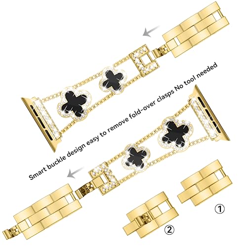 Image of Musk-MSKR Diamond Metal Bands Add Sparkle to Your Watch For Apple Watch Series 11 /10 /9 /8 /7 /6 /5 /4 /3 /2 /SE /Ultra Clover Simple and Stylish Compatible with 38mm40mm41mm42mm44mm45mm 46mm49mm Women's Wear