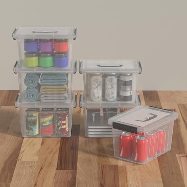 6 Quart Small Clear Plastic Storage Bins with Latching Lids, Storage Latch Box with Handle, 6 Packs
