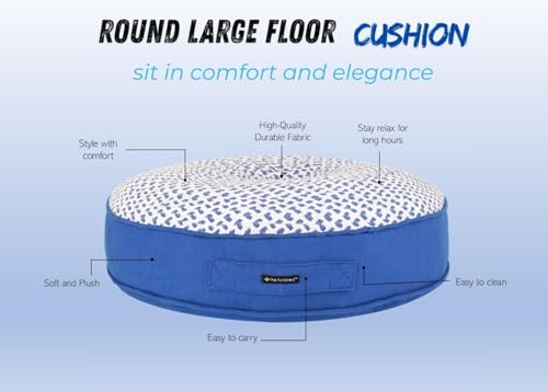 Image of Reversible 60x60x10 cm Woven Quilted Blue Floor Cushion with Cotton Filler for Seating, Patio Seat, Meditation, Yoga, Pooja, Guests, Living Room, Bedroom, Large Size 24x24x4 Inch
