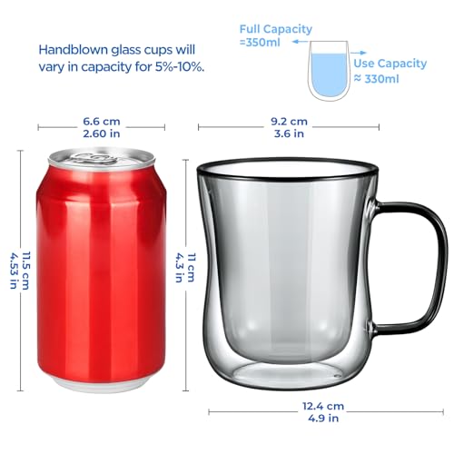 ecooe 2x350ml Unique Black Double Walled Coffee Glasses Mugs Cappuccino Latte Macchiato Glasses Cups with Handle Borosilicate Heat Resistant Glass Cups for Coffee Tea Milk Juice Ice Cream - Image 3