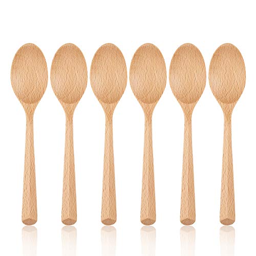 Wooden Spoons for Eating, YFWOOD 6 Pcs Wooden Spoons for Cooking , Wooden Soup Spoons 7.48 Inch, Wooden Dining Soup Spoons for Kitchen, Long Handle Wooden Cooking Oval Spoons