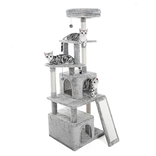 Pesofer 61.8 Inches Cat Tree Multi-Level Cat Condo with Large Scratching Pad and Perch for All Cats Light Gray