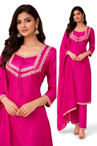 Image of Women's Ethnic Kurta Pant Suit Set, Lace Embellished Kurta with Palazzo Pants and Dupatta.