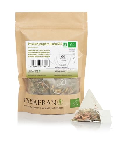 FRISAFRAN | Infusión Jengibre y Limón Ecológica en pirámides 60Uds | 120g | Antiinflamatoria | Antioxidante | Té jenjibre limón | te jengibre | Antioxidante | Vitaminico | Infusión Digestiva | natural