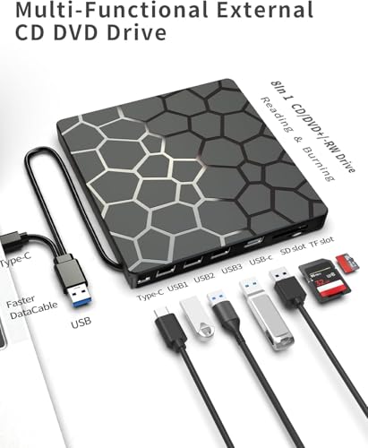 Image of External CD DVD Drive,8 in 1 USB 3.0 and Type-C Disc Reader Writer Burner Player,Slim and Portable CD DVD + /-RW Optical Drive for PC Laptop Desktop MacBook Mac Windows Linux OS Apple