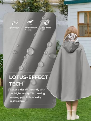Image of Haloumoning Kids Hooded Rain Poncho Girls Waterproof Lightweight Reusable Raincoat Jacket 4-14 Years