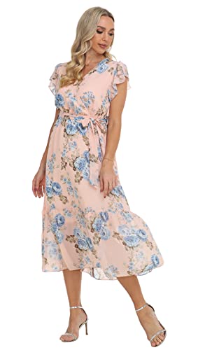 Image of VintageClothing Womens Sundress Casual Floral Summer Boho Dress | Flowy Wrap V Neck Ruffle A-Line Pleated Hem Midi Dresses