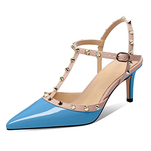 Image of XINIUNIU Studded Heels for Women Kitten Heels with Studs Stiletto Sandals with Rivet Ankle Strap Patent Leather Pointy Toe 2.5 Inch Party Daily Wear Evening Sandals