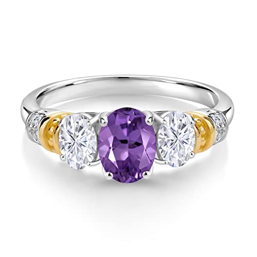 Gem Stone King 925 Sterling Silver and 10K Yellow Gold Customized and Personalized Gemstone Birthstone and Diamond 3 Stone Engagement Ring For Women Oval 8X6MM and 6X4MM3