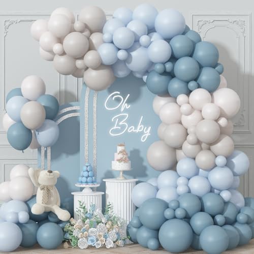 Image of Dusty Blue Balloons Garland Arch Kit, Haze Blue Sand White Balloon Arch Kit, Pastel Blue Beige Balloon for Baby Shower Gender Reveal Birthday Engagement Wedding Bridal Shower Party Decorations